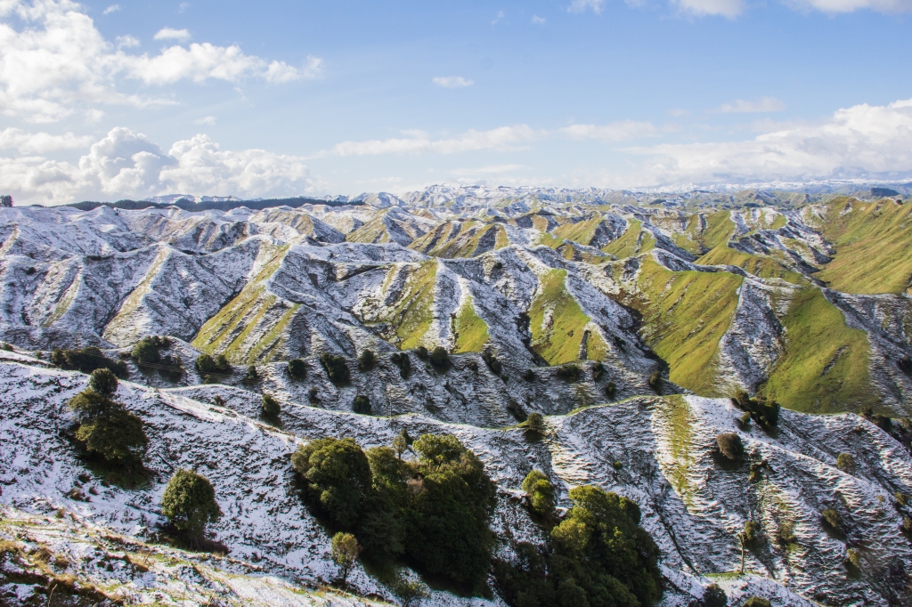 We had a light dusting of snow in the Rangitikei hill country, I loved how the shadowed side of these hills took longer to thaw giving this cool effect on the landscape